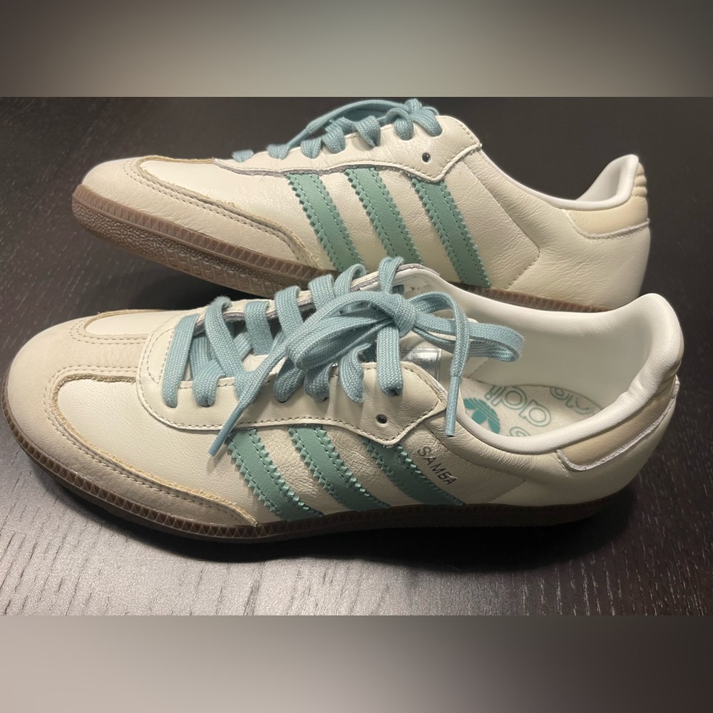 adidas Samba Leather Sneakers in Cream and Light Blue